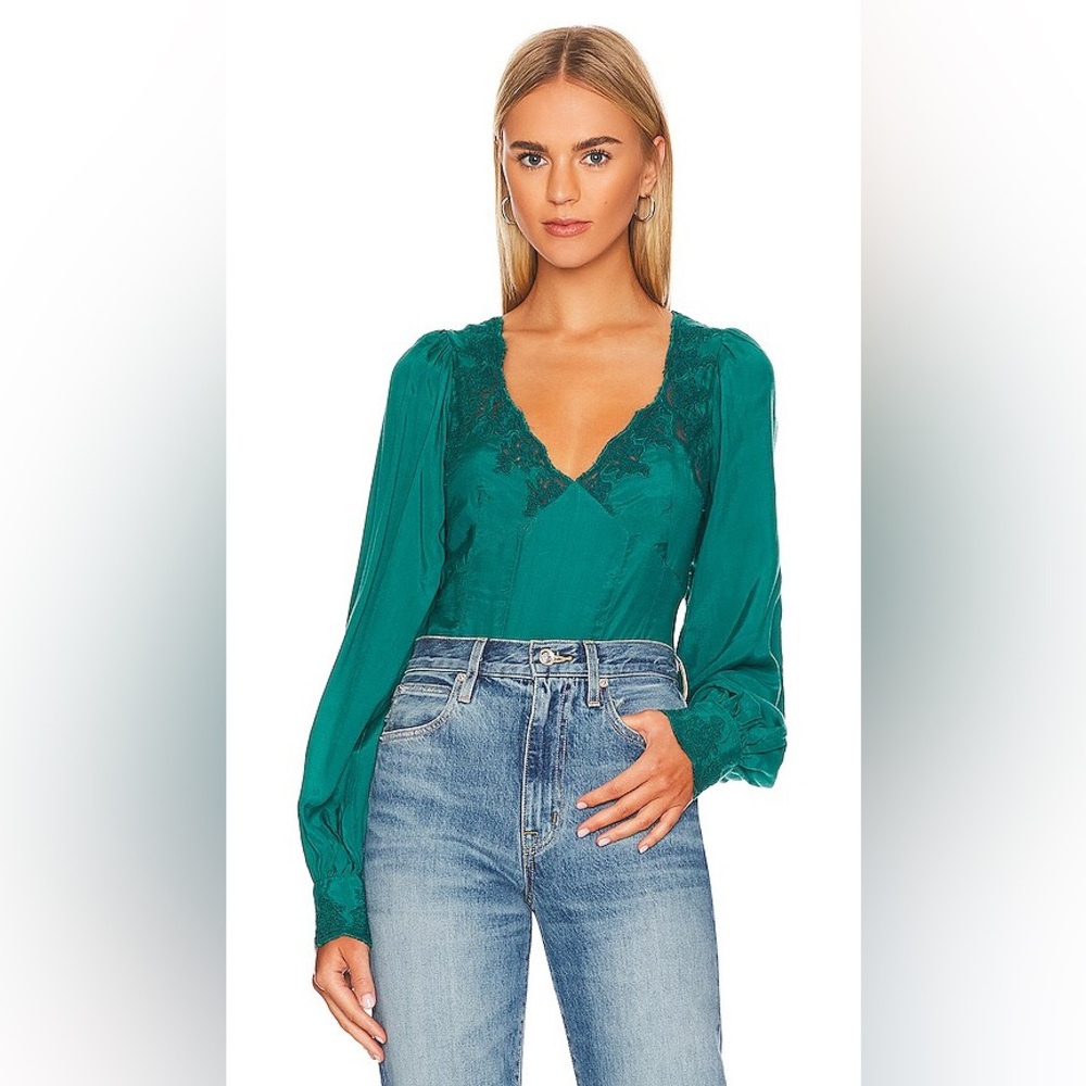 Free People Janelle Lace Top in Green Balsam NEW